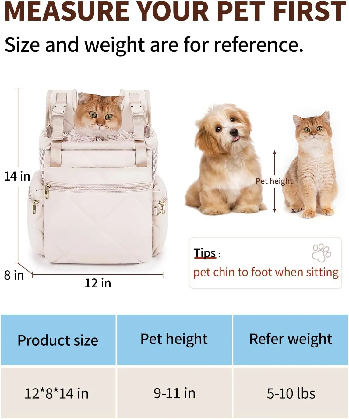 Cat Carrier Puffy Backpack Breathable Small Dog Front Backpack Large Space for Small Dogs, Drawstring & Water-Resisant Pet Bag for Travel Hiking, Beige Gray Patent Pending