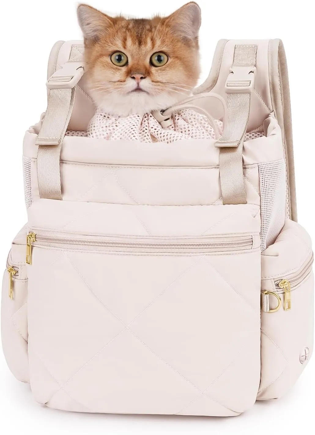 Cat Carrier Puffy Backpack Breathable Small Dog Front Backpack Large Space for Small Dogs, Drawstring & Water-Resisant Pet Bag for Travel Hiking, Beige Gray Patent Pending