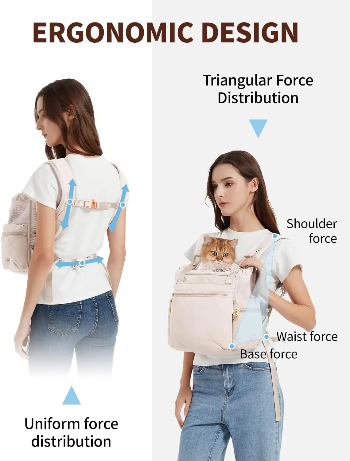 Cat Carrier Puffy Backpack Breathable Small Dog Front Backpack Large Space for Small Dogs, Drawstring & Water-Resisant Pet Bag for Travel Hiking, Beige Gray Patent Pending