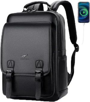 CHAO RAN Laptop Backpack for Men Leather Travel Backpack Carry on Flight Approved-Waterproof Medium Backpack Fit 15.6 Inch Notebook for College Business Office Bag with USB Charging Port (Black10)