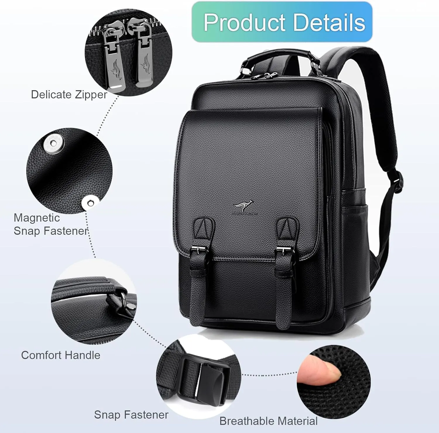 CHAO RAN Laptop Backpack for Men Leather Travel Backpack Carry on Flight Approved-Waterproof Medium Backpack Fit 15.6 Inch Notebook for College Business Office Bag with USB Charging Port (Black10)