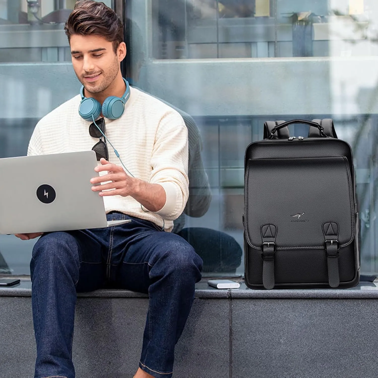 CHAO RAN Laptop Backpack for Men Leather Travel Backpack Carry on Flight Approved-Waterproof Medium Backpack Fit 15.6 Inch Notebook for College Business Office Bag with USB Charging Port (Black10)