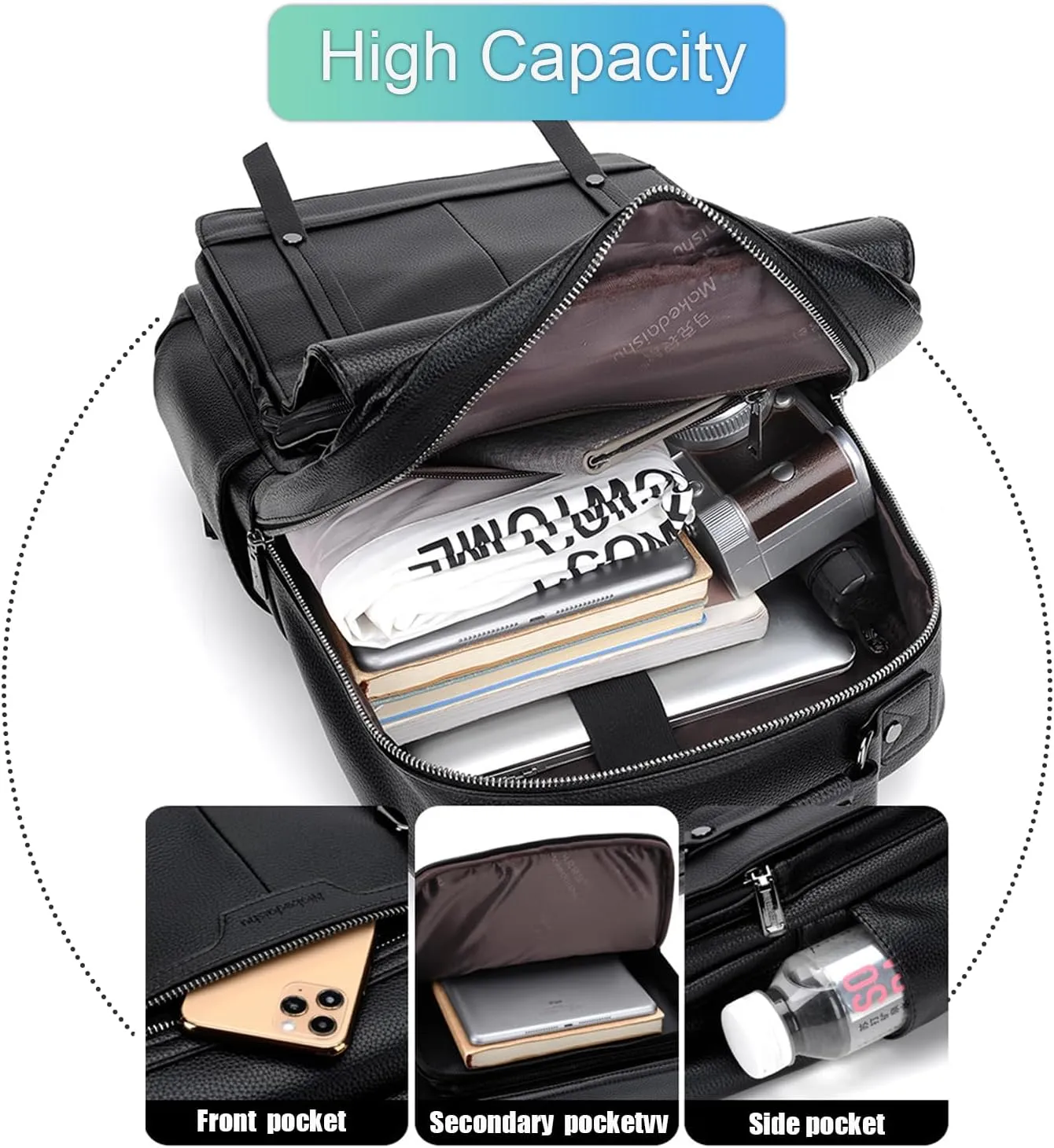 CHAO RAN Laptop Backpack for Men Leather Travel Backpack Carry on Flight Approved-Waterproof Medium Backpack Fit 15.6 Inch Notebook for College Business Office Bag with USB Charging Port (Black10)