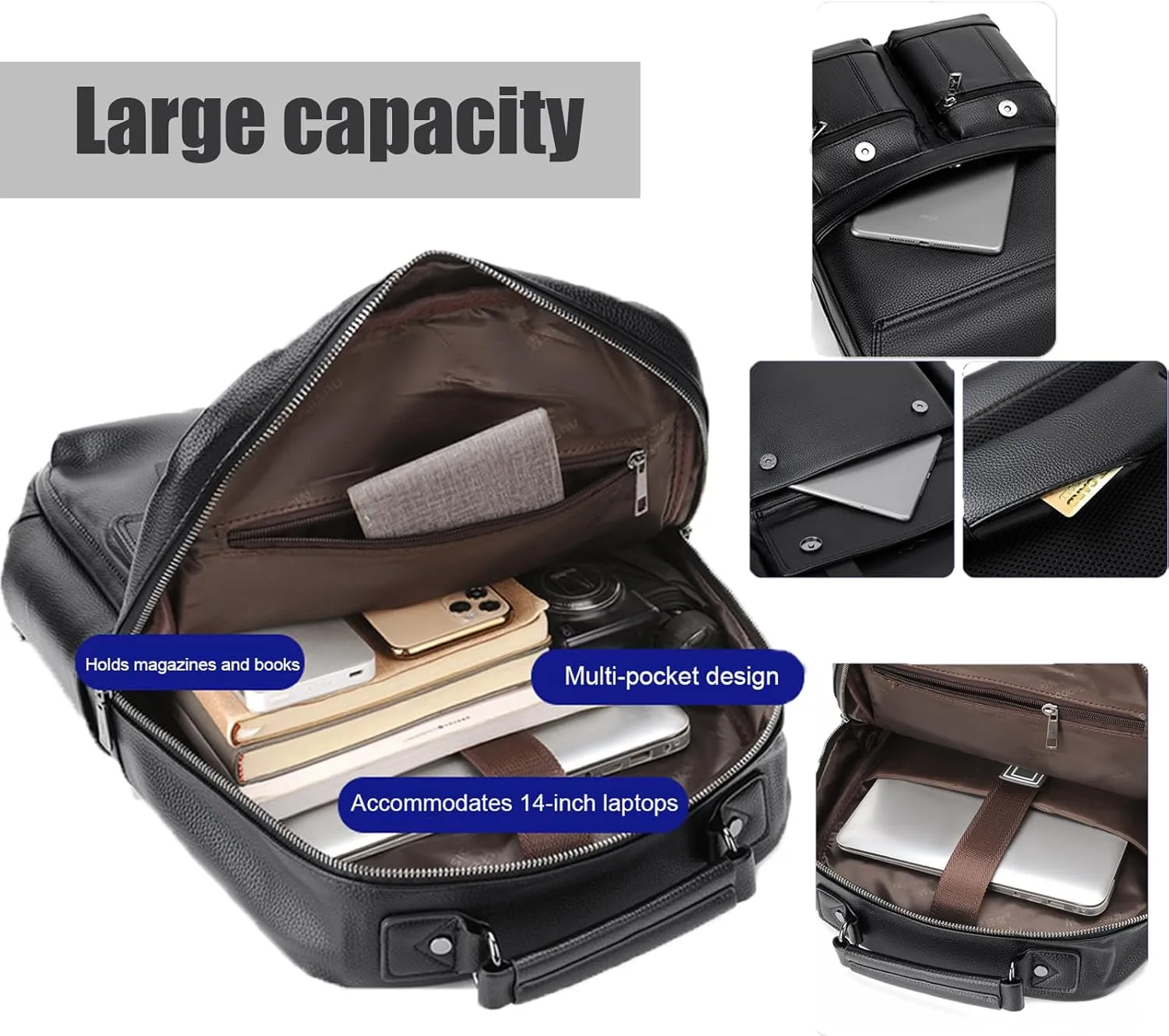 CHAO RAN Leather Laptop Backpack for Men Fit 15.6 Inch Laptop, Business Work Office College Medium Backpack with USB Charging Port, Waterproof Black Travel Bag