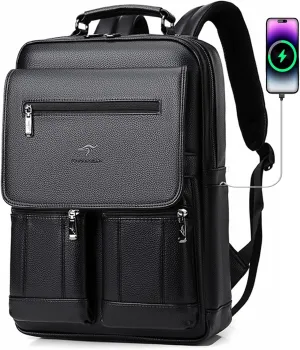 CHAO RAN Leather Laptop Backpack for Men Fit 15.6 Inch Laptop, Business Work Office College Medium Backpack with USB Charging Port, Waterproof Black Travel Bag