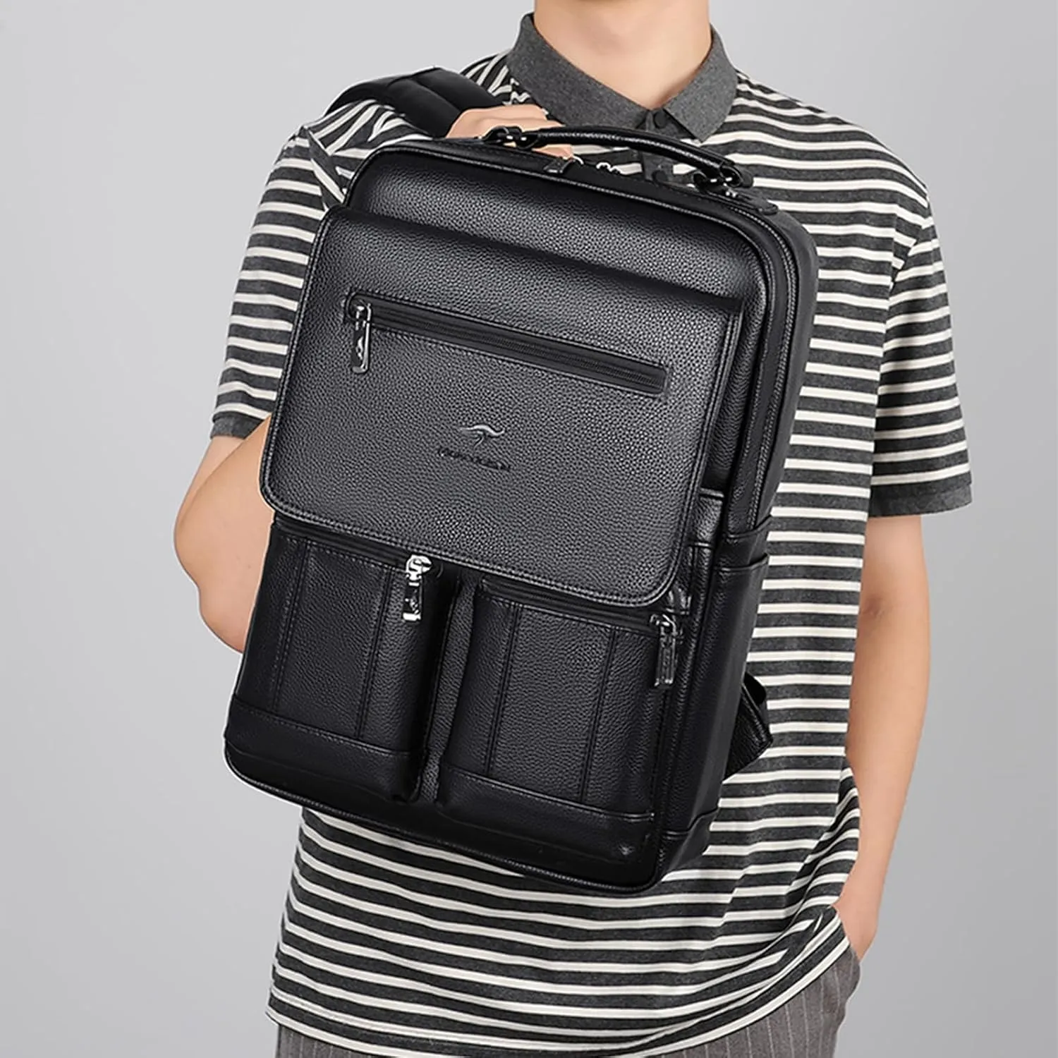 CHAO RAN Leather Laptop Backpack for Men Fit 15.6 Inch Laptop, Business Work Office College Medium Backpack with USB Charging Port, Waterproof Black Travel Bag