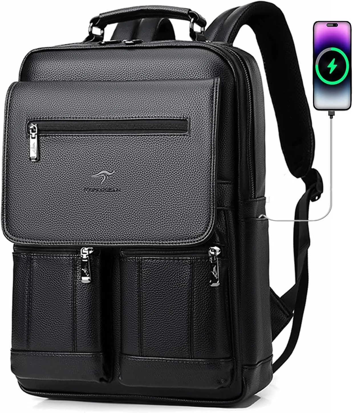 CHAO RAN Leather Laptop Backpack for Men Fit 15.6 Inch Laptop, Business Work Office College Medium Backpack with USB Charging Port, Waterproof Black Travel Bag