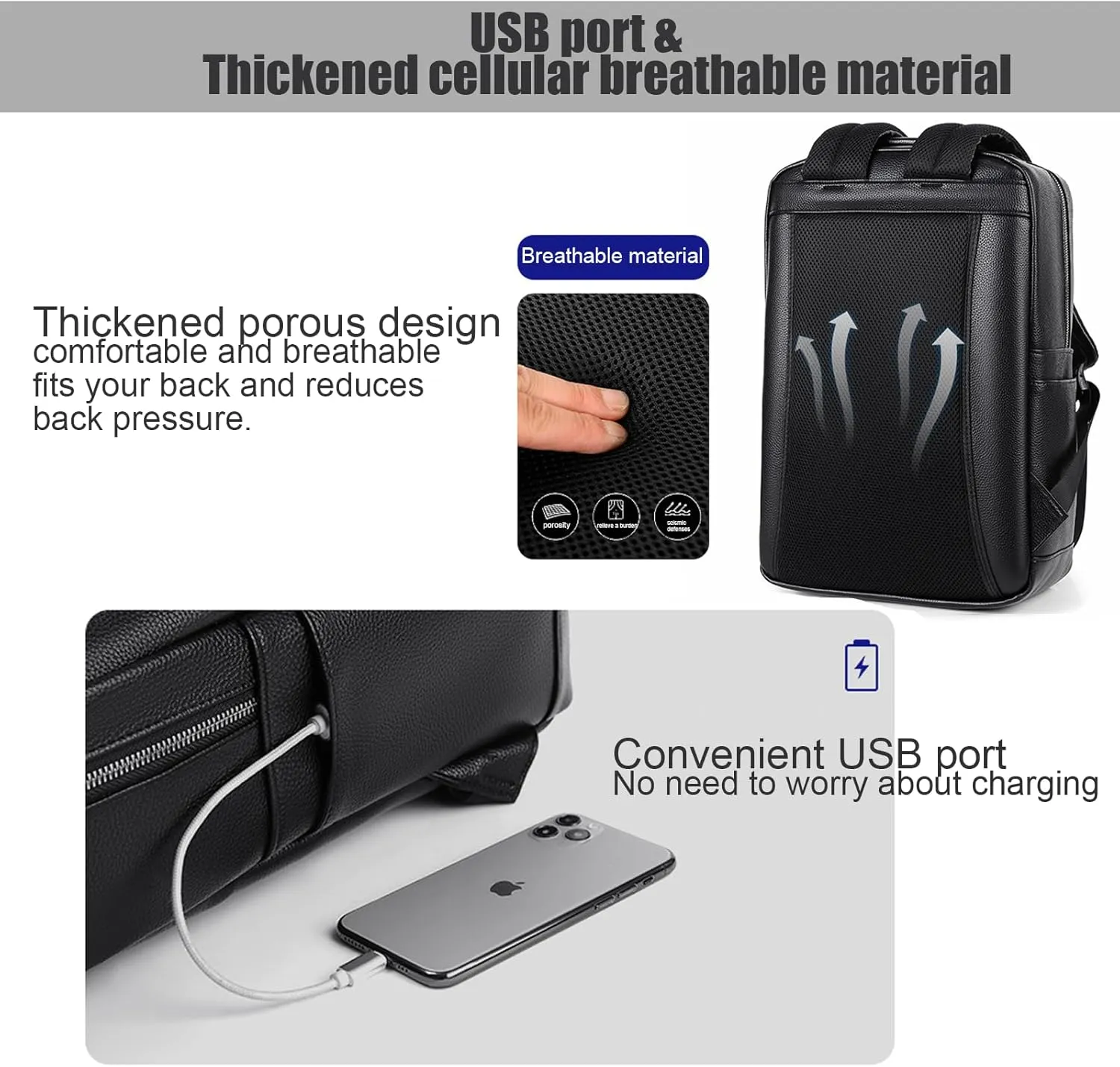 CHAO RAN Leather Laptop Backpack for Men Fit 15.6 Inch Laptop, Business Work Office College Medium Backpack with USB Charging Port, Waterproof Black Travel Bag