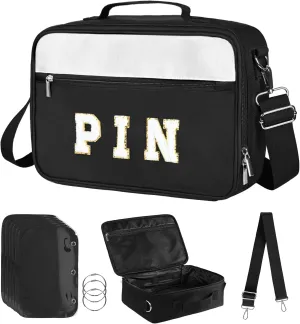 Chenille Letter Pin Bag, 12 Page Enamel Pin Display Bag with Shoulder Strap, Removable 3 Ring Pin Tranding Book, 13" x 8.7" x 3.5" Pin Collection Book, Pin Holder Display for Pin,Brooch,Medal,Earing