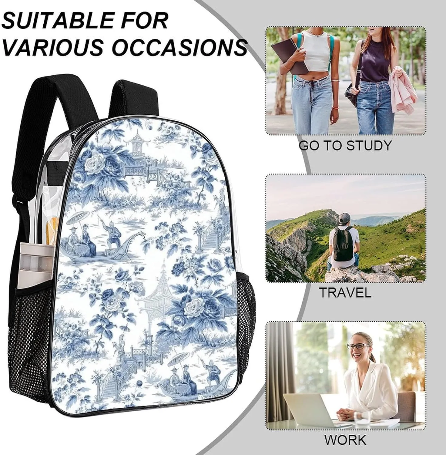 Chinese Style Powder Blue Chinoiserie Transparent Fashion Waterproof PVC Transparent Backpack Unisex 17 Inches