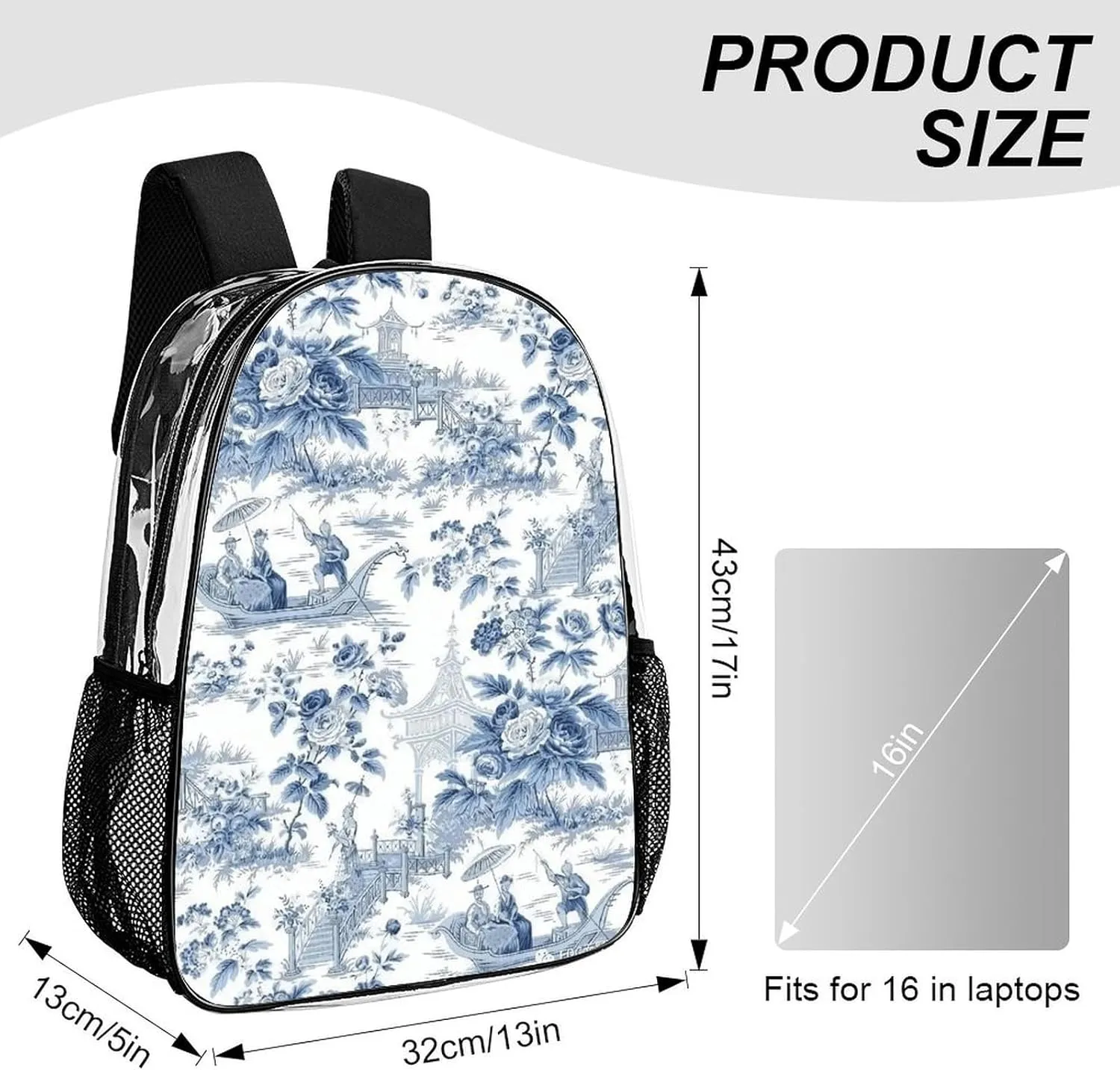 Chinese Style Powder Blue Chinoiserie Transparent Fashion Waterproof PVC Transparent Backpack Unisex 17 Inches