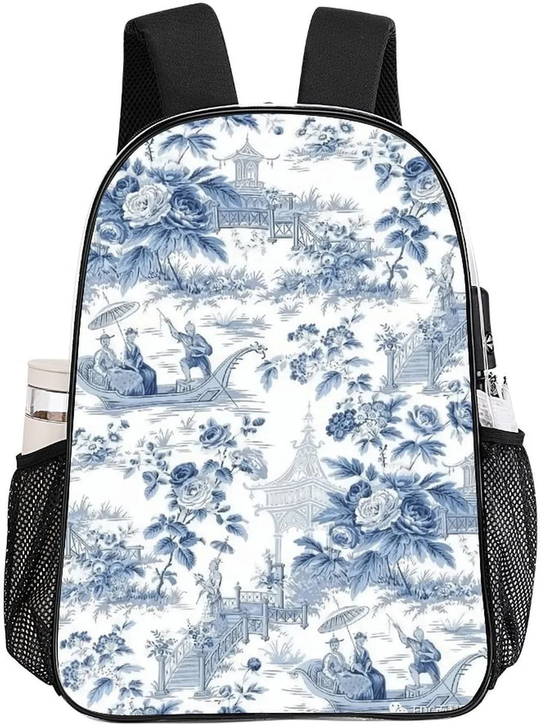 Chinese Style Powder Blue Chinoiserie Transparent Fashion Waterproof PVC Transparent Backpack Unisex 17 Inches