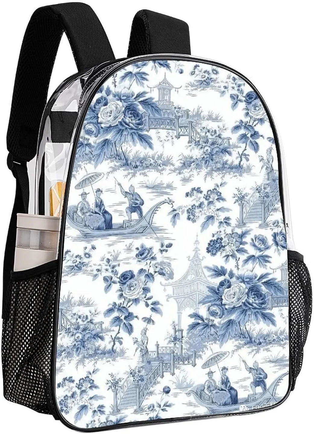 Chinese Style Powder Blue Chinoiserie Transparent Fashion Waterproof PVC Transparent Backpack Unisex 17 Inches