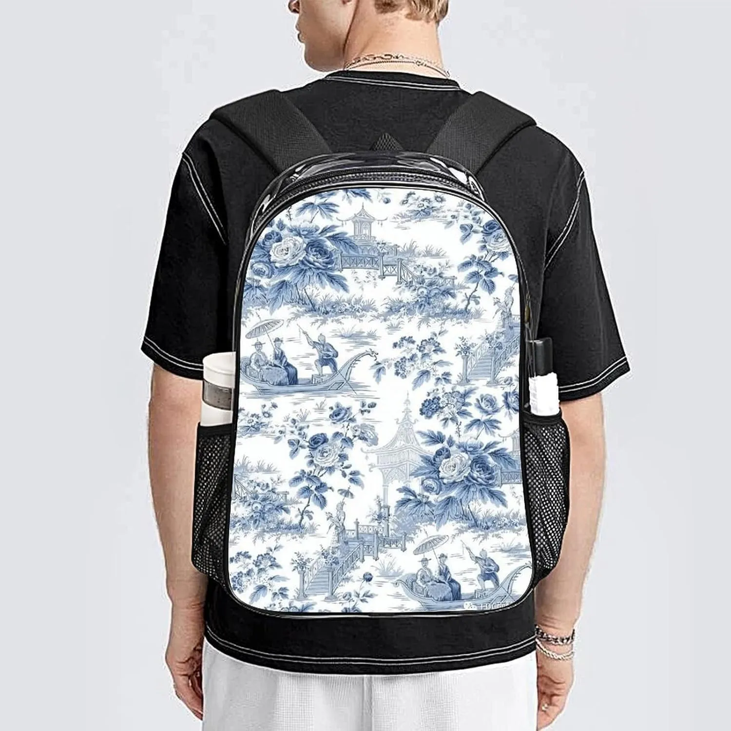 Chinese Style Powder Blue Chinoiserie Transparent Fashion Waterproof PVC Transparent Backpack Unisex 17 Inches
