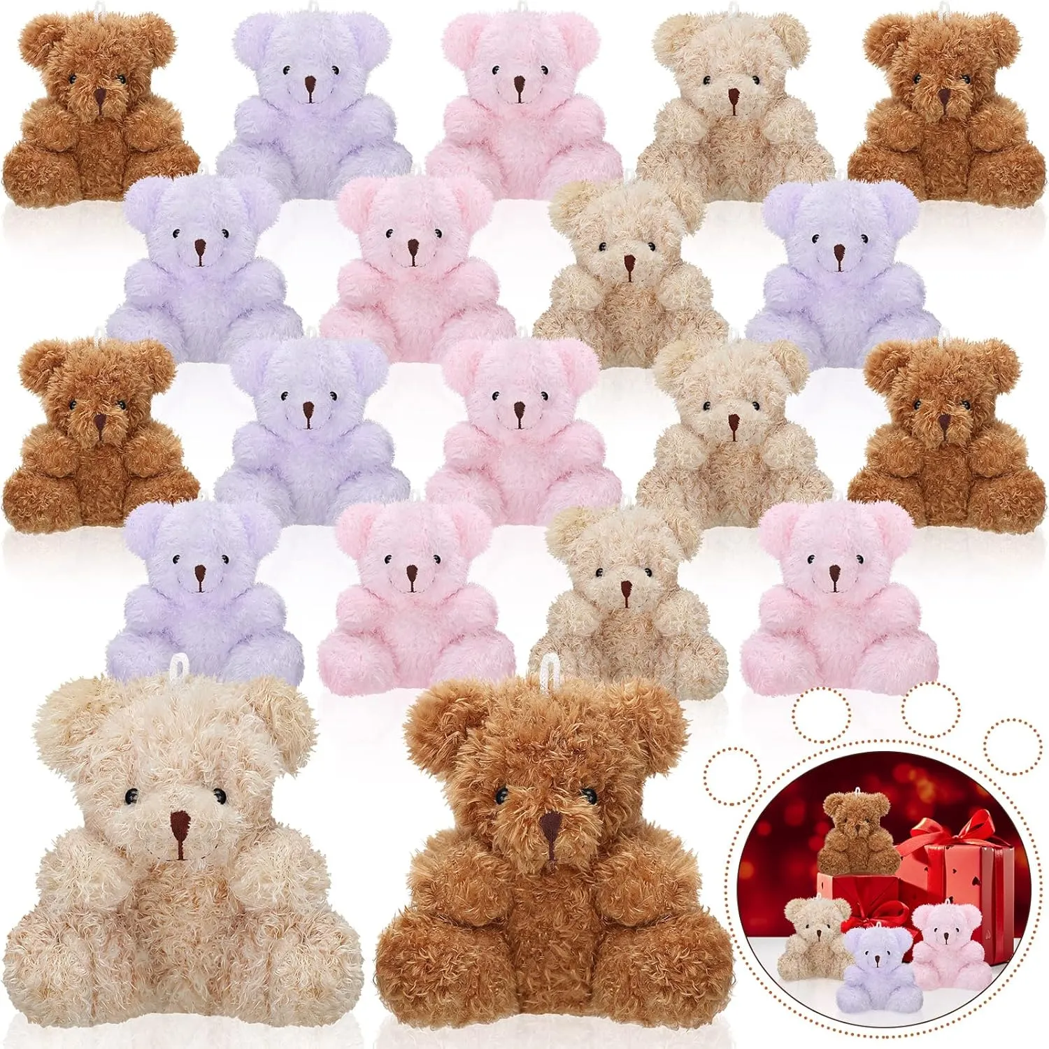 Chivao 20 Pcs Mini Plush Bears 4'' Small Bear Bulk Stuffed Animal Toys Tiny Soft Bear Doll Present Stuffers for Baby Shower Favors Wedding Party(Brown, Apricot, Pink, Purple)