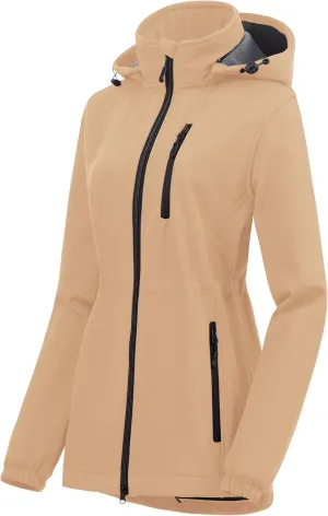 Chrisuno Women's Lightweight Long Softshell Fleece Lined Jacket Anorak Raincoat With Removable Hood