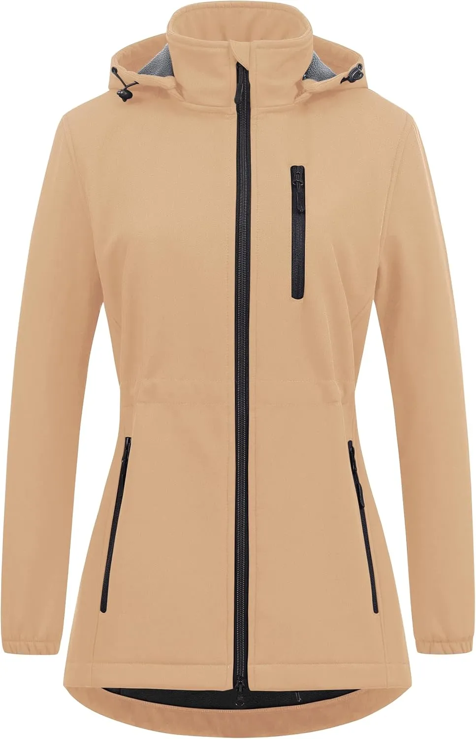 Chrisuno Women's Lightweight Long Softshell Fleece Lined Jacket Anorak Raincoat With Removable Hood