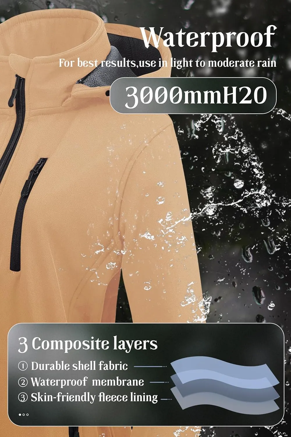 Chrisuno Women's Lightweight Long Softshell Fleece Lined Jacket Anorak Raincoat With Removable Hood