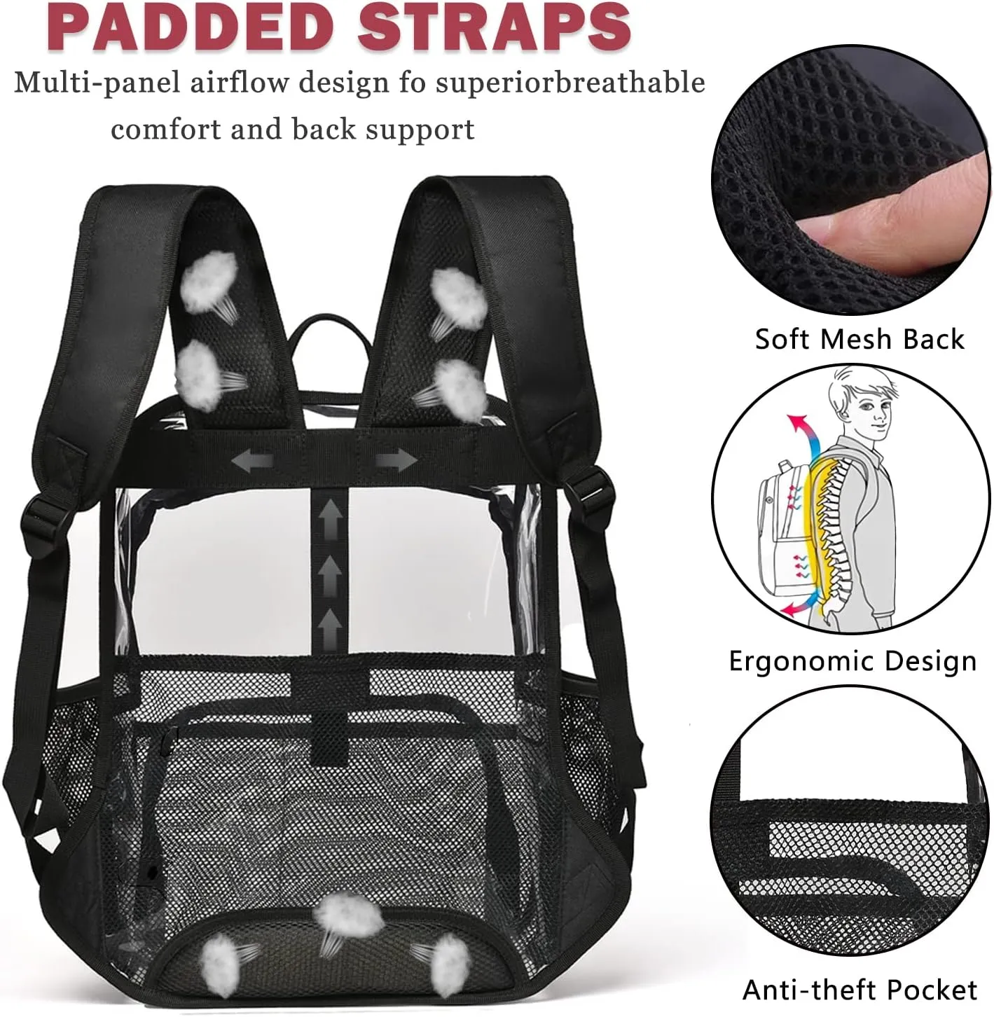 Clear Backpack, 15'' Clear Backpacks for School Heavy Duty See Through Bookbag Multi-pocket PVC Backpack for Men Women, Navy Blue