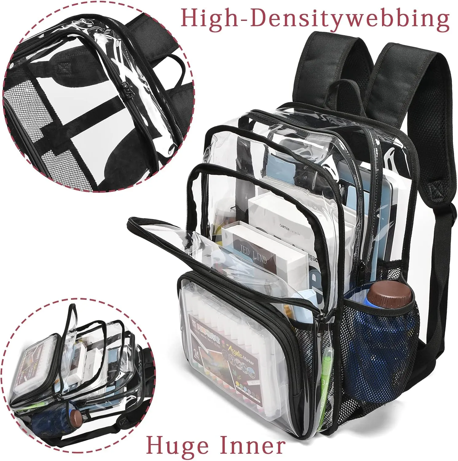 Clear Backpack, 15'' Clear Backpacks for School Heavy Duty See Through Bookbag Multi-pocket PVC Backpack for Men Women, Navy Blue