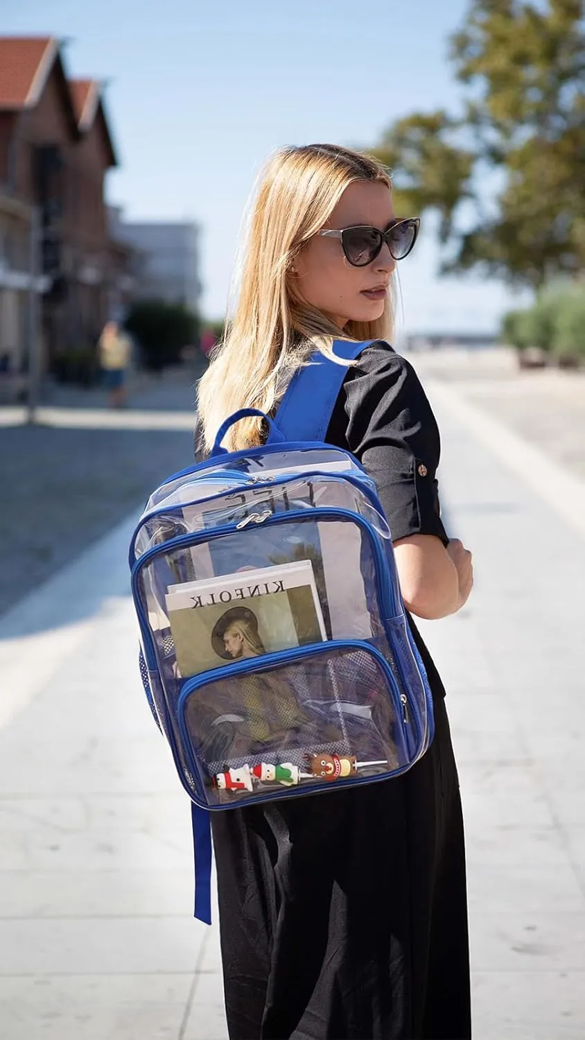 Clear Backpack, 15'' Clear Backpacks for School Heavy Duty See Through Bookbag Multi-pocket PVC Backpack for Men Women, Navy Blue