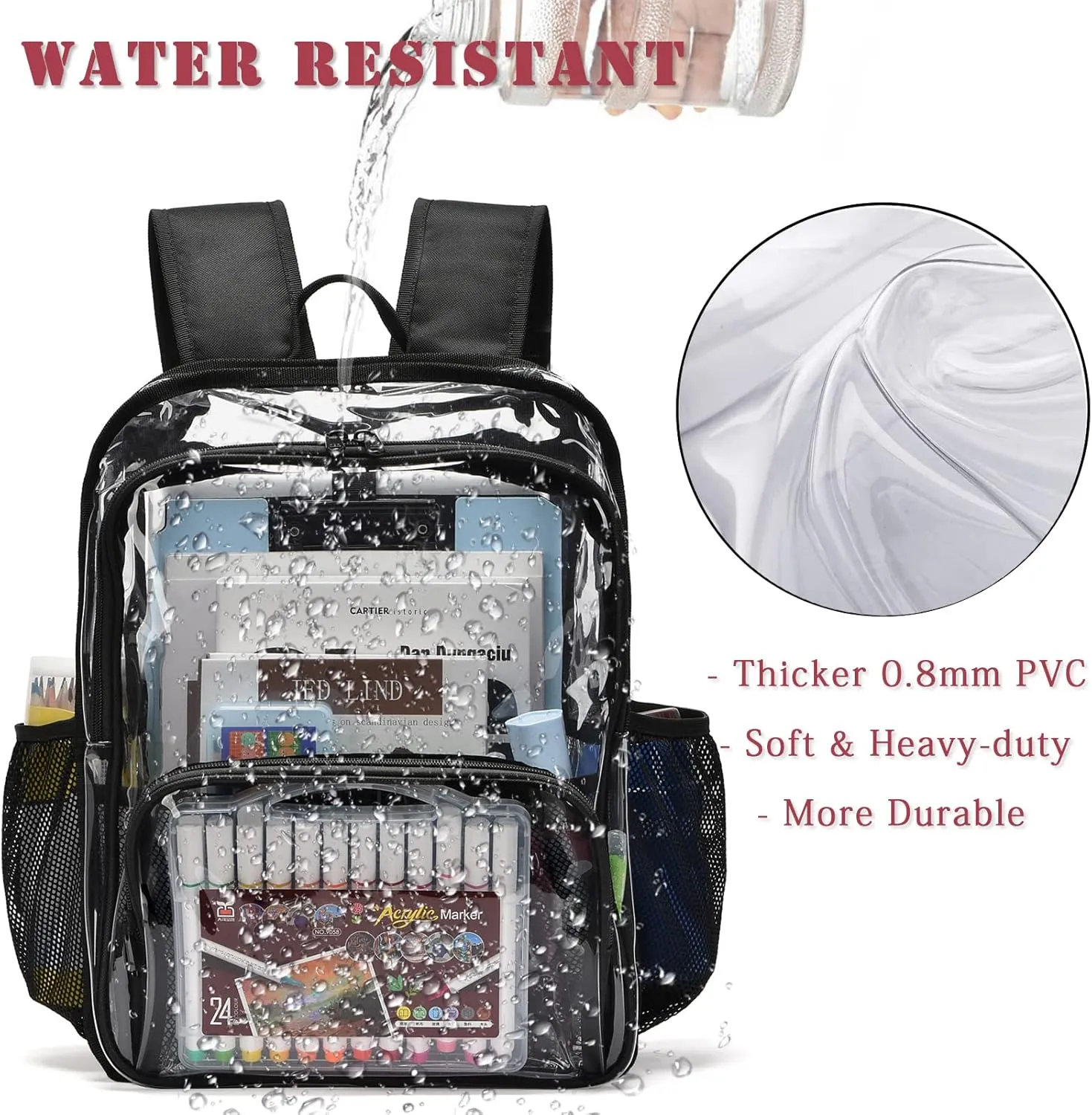 Clear Backpack, 15'' Clear Backpacks for School Heavy Duty See Through Bookbag Multi-pocket PVC Backpack for Men Women, Navy Blue