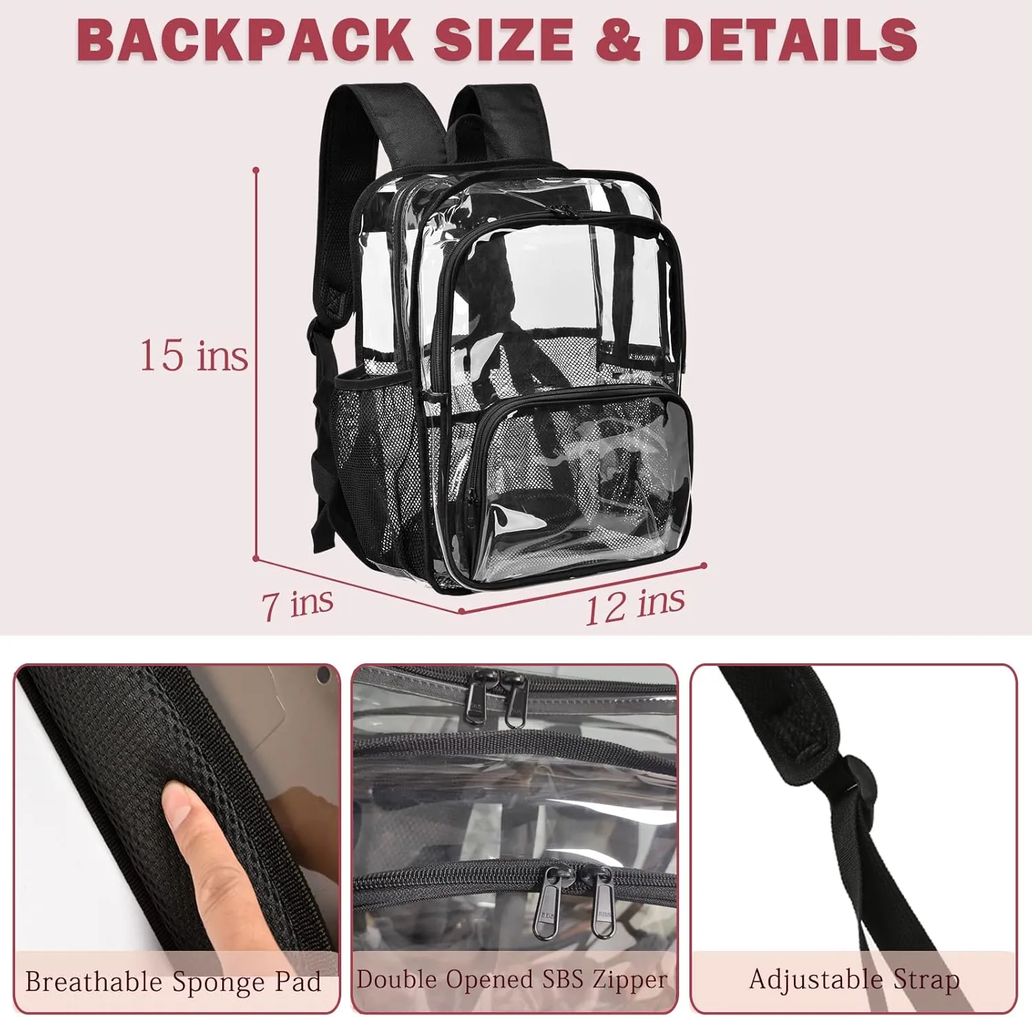 Clear Backpack, 15'' Clear Backpacks for School Heavy Duty See Through Bookbag Multi-pocket PVC Backpack for Men Women, Navy Blue