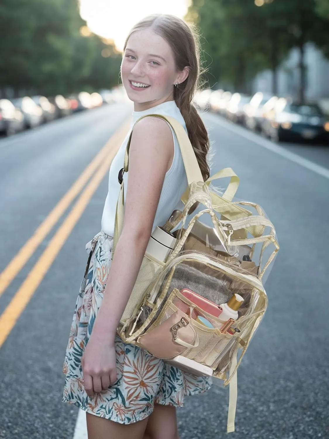 Clear Backpack for School, 17 inch Large Heavy Duty-TPU See Through Bookbag for Boys Girls and Adult, Transparent Backpack With Multi-Pockets for College Work Gym Sport, Beige