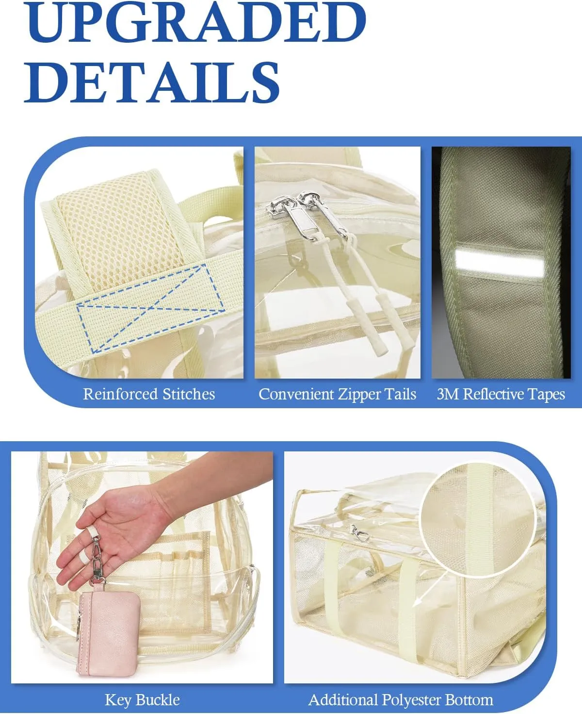 Clear Backpack for School, 17 inch Large Heavy Duty-TPU See Through Bookbag for Boys Girls and Adult, Transparent Backpack With Multi-Pockets for College Work Gym Sport, Beige