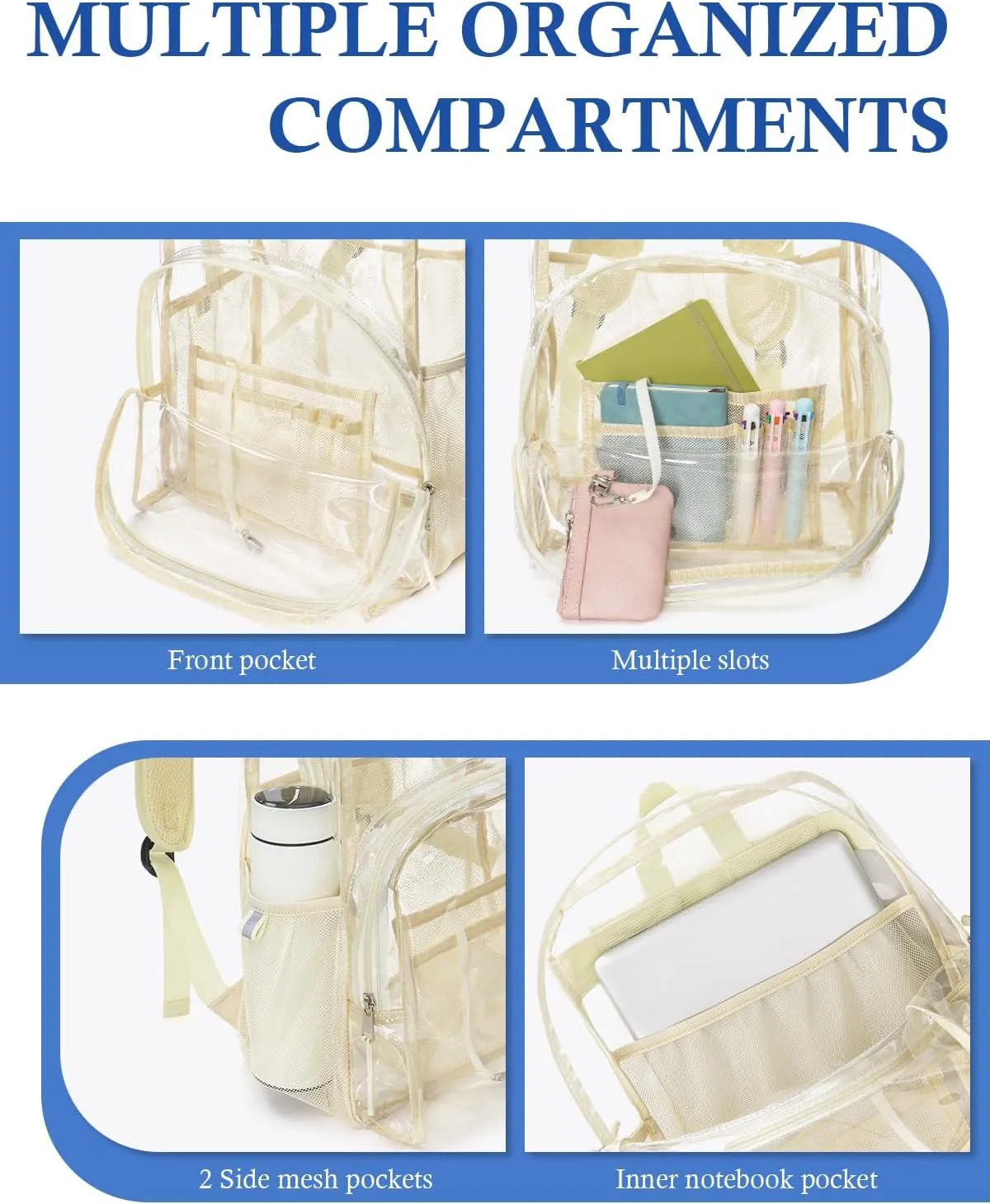 Clear Backpack for School, 17 inch Large Heavy Duty-TPU See Through Bookbag for Boys Girls and Adult, Transparent Backpack With Multi-Pockets for College Work Gym Sport, Beige