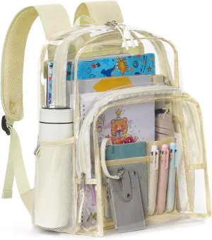 Clear Backpack for School, 17 inch Large Heavy Duty-TPU See Through Bookbag for Boys Girls and Adult, Transparent Backpack With Multi-Pockets for College Work Gym Sport, Beige
