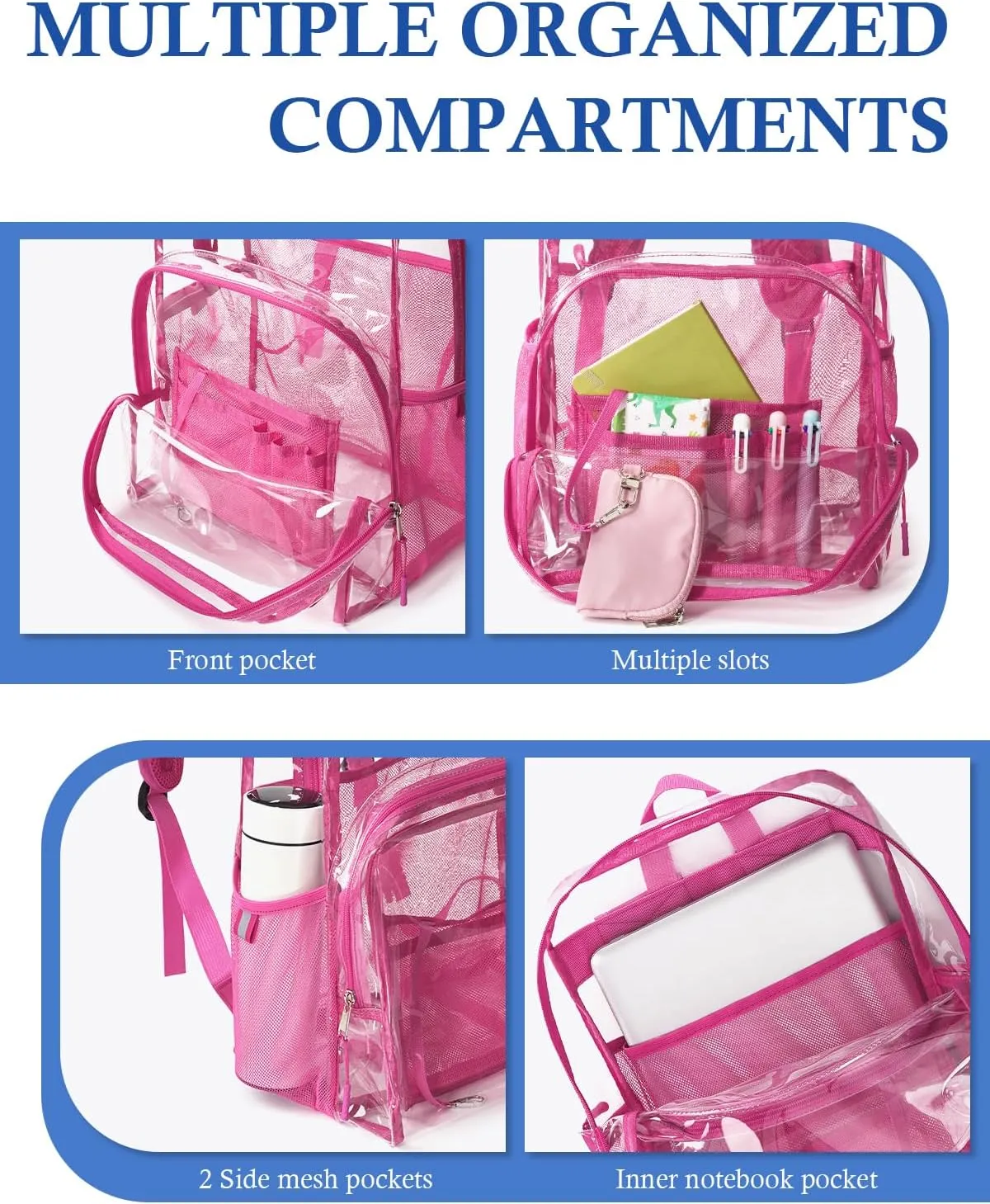 Clear Backpack for School, 17 inch Large Heavy Duty-TPU See Through Bookbag for Boys Girls and Adult, Transparent Backpack With Multi-Pockets for College Work Gym Sport, Rose Red