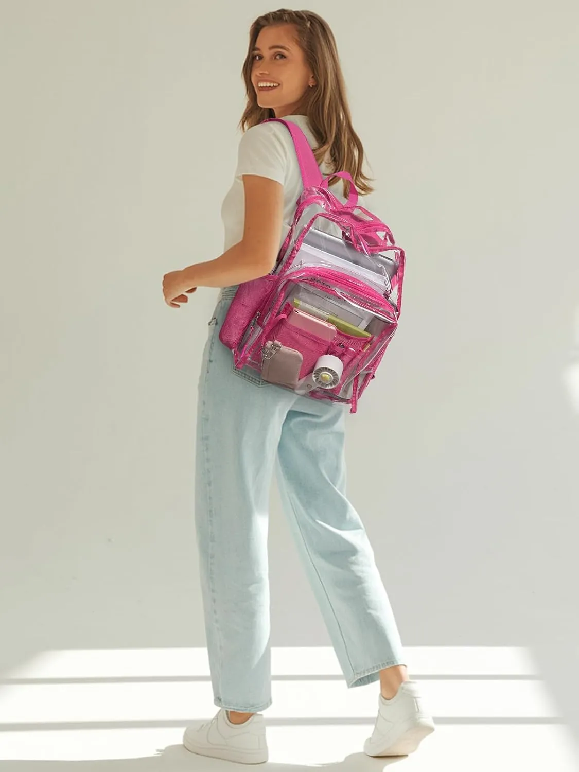 Clear Backpack for School, 17 inch Large Heavy Duty-TPU See Through Bookbag for Boys Girls and Adult, Transparent Backpack With Multi-Pockets for College Work Gym Sport, Rose Red