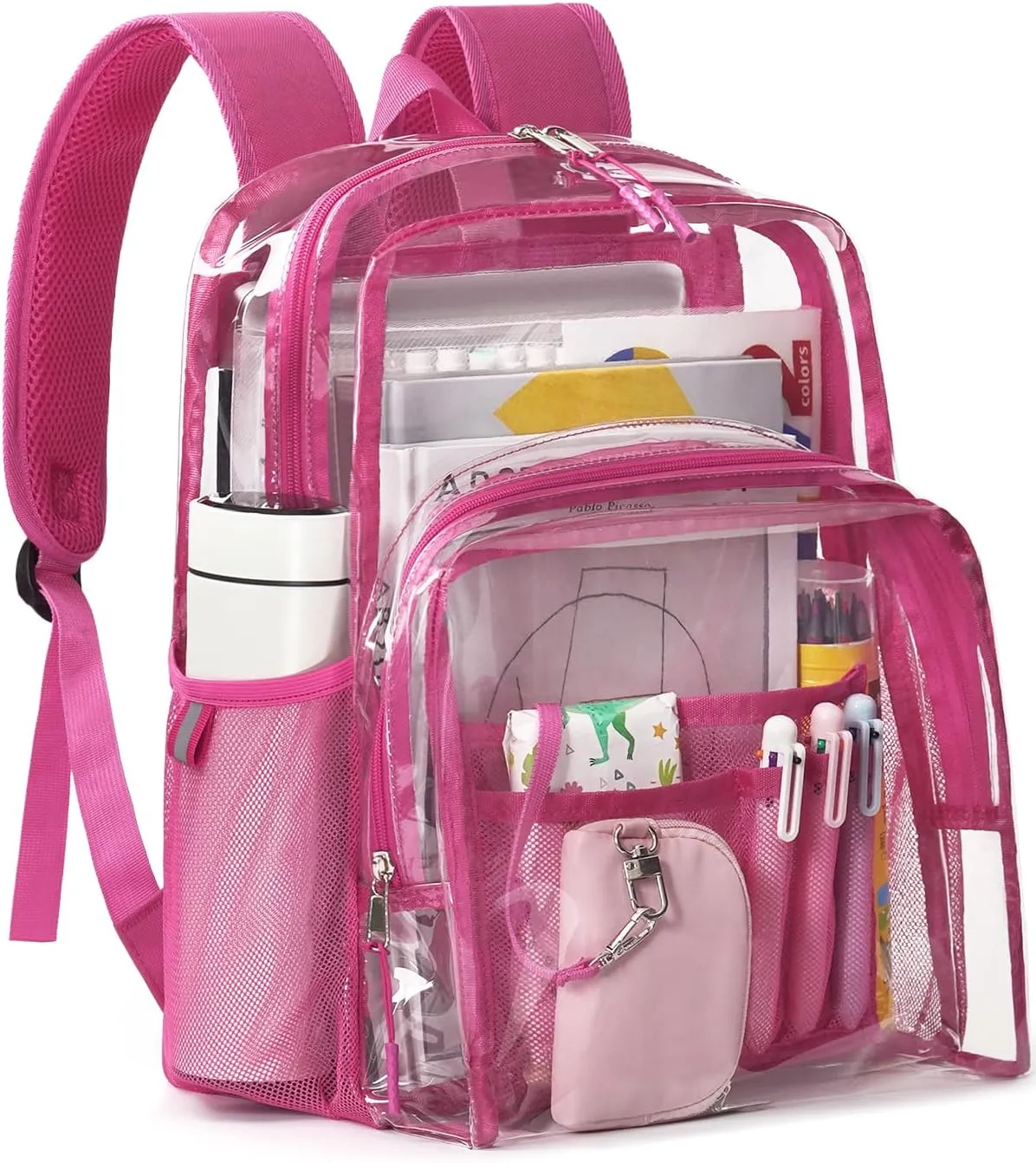 Clear Backpack for School, 17 inch Large Heavy Duty-TPU See Through Bookbag for Boys Girls and Adult, Transparent Backpack With Multi-Pockets for College Work Gym Sport, Rose Red