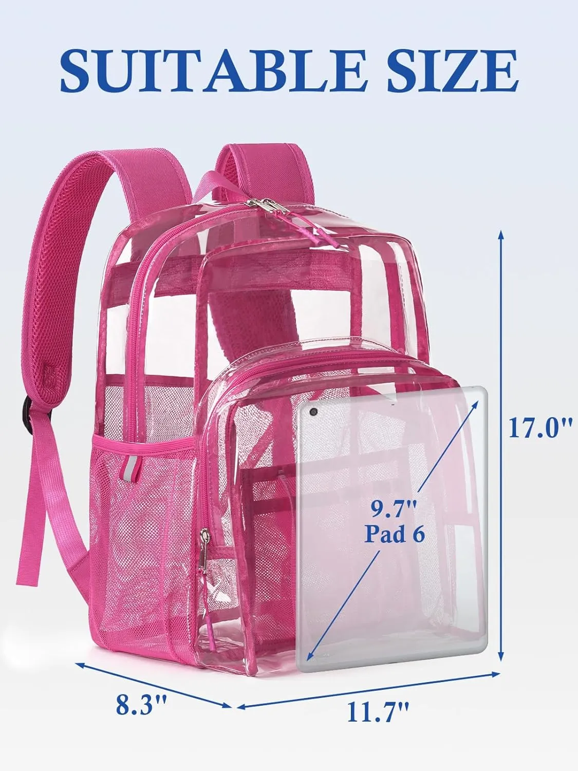 Clear Backpack for School, 17 inch Large Heavy Duty-TPU See Through Bookbag for Boys Girls and Adult, Transparent Backpack With Multi-Pockets for College Work Gym Sport, Rose Red