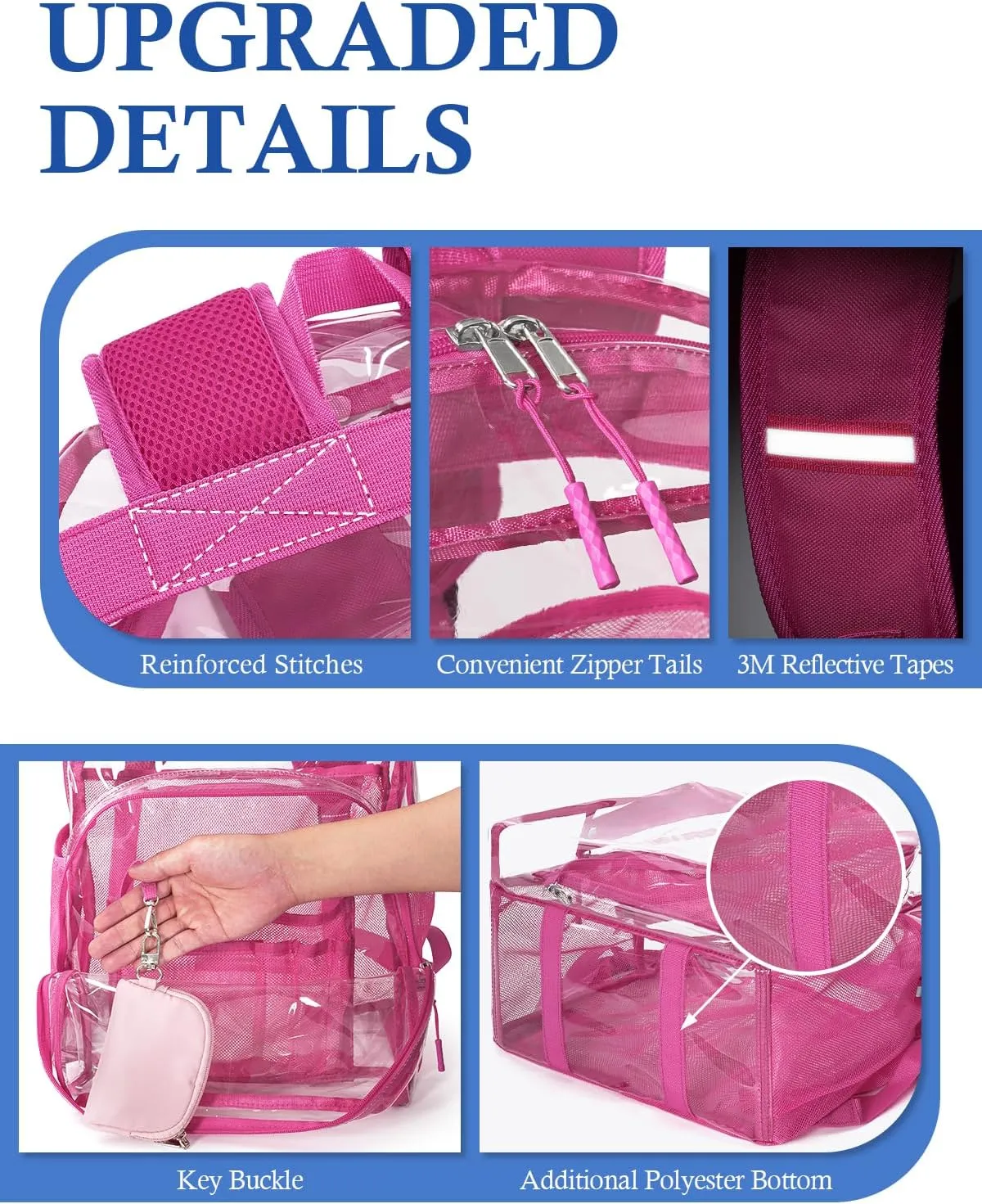 Clear Backpack for School, 17 inch Large Heavy Duty-TPU See Through Bookbag for Boys Girls and Adult, Transparent Backpack With Multi-Pockets for College Work Gym Sport, Rose Red