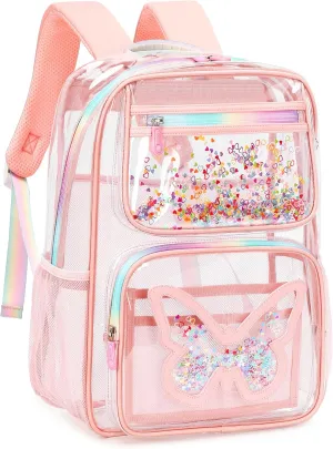 Clear Backpack for School,Large Bookbag Heavy Duty See Through Butterfly Backpacks for Girls Stadium Approved Daypack Transparent Shoulder Bags for Students,Teens,Women,Work,Travel,Concert Pink