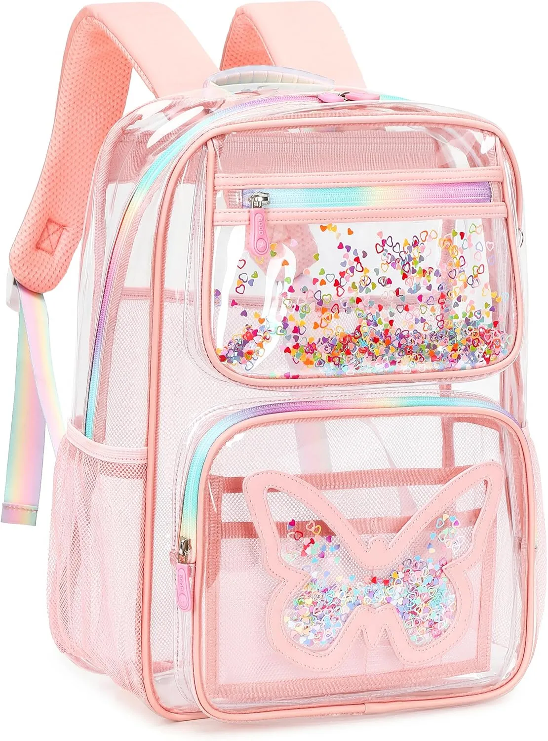 Clear Backpack for School,Large Bookbag Heavy Duty See Through Butterfly Backpacks for Girls Stadium Approved Daypack Transparent Shoulder Bags for Students,Teens,Women,Work,Travel,Concert Pink