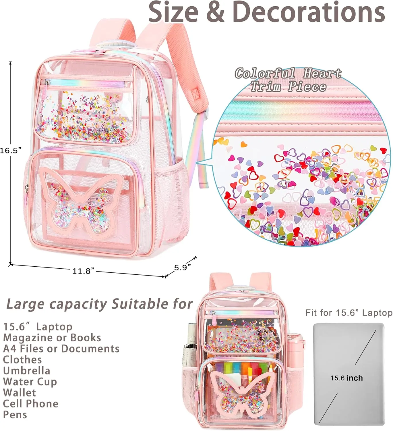 Clear Backpack for School,Large Bookbag Heavy Duty See Through Butterfly Backpacks for Girls Stadium Approved Daypack Transparent Shoulder Bags for Students,Teens,Women,Work,Travel,Concert Pink