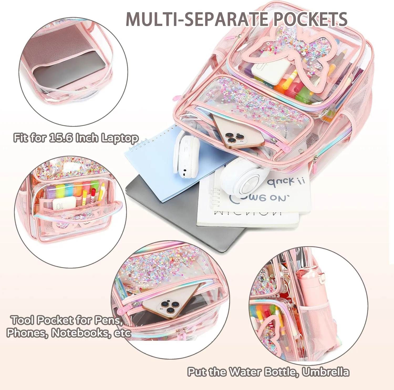 Clear Backpack for School,Large Bookbag Heavy Duty See Through Butterfly Backpacks for Girls Stadium Approved Daypack Transparent Shoulder Bags for Students,Teens,Women,Work,Travel,Concert Pink