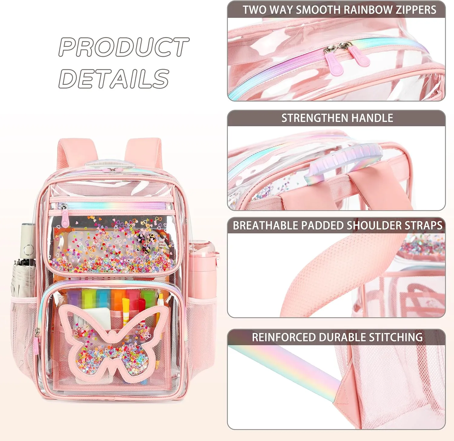 Clear Backpack for School,Large Bookbag Heavy Duty See Through Butterfly Backpacks for Girls Stadium Approved Daypack Transparent Shoulder Bags for Students,Teens,Women,Work,Travel,Concert Pink