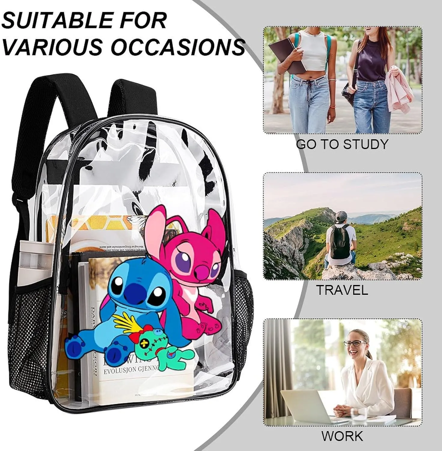 Clear Backpack Heavy Duty PVC Transparent Cartoon Backpack 17" Large Capacity See Through Bag for College
