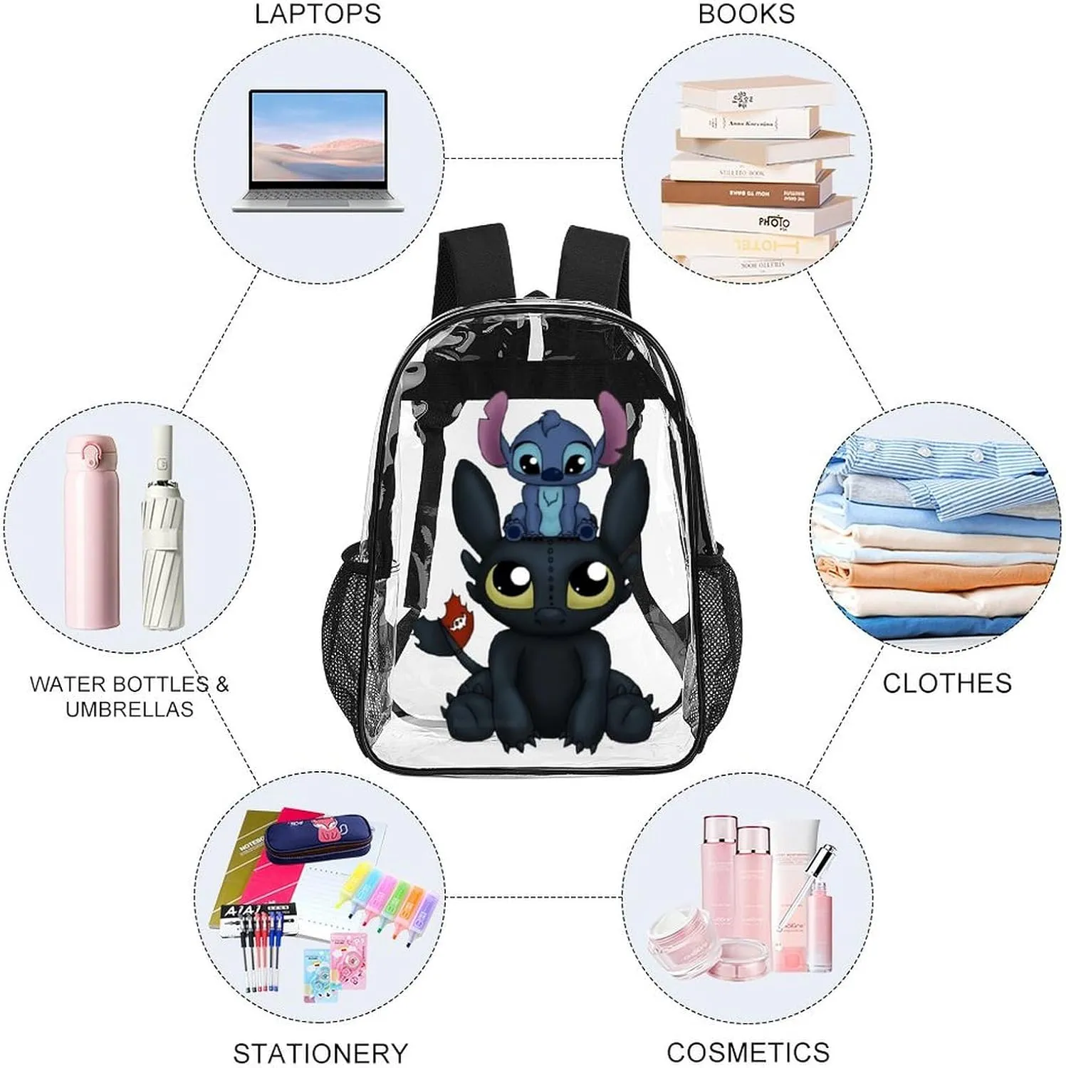 Clear Backpack Heavy Duty PVC Transparent Cartoon Dragon Backpack 17" Large Capacity See Through Bag for Travel