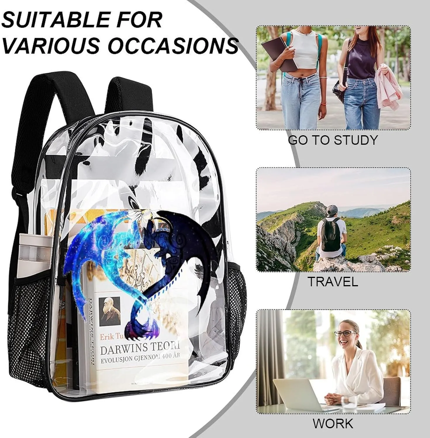 Clear Backpack Heavy Duty PVC Transparent Cartoon Dragon Backpack 17" Large Capacity See Through Bag for Work