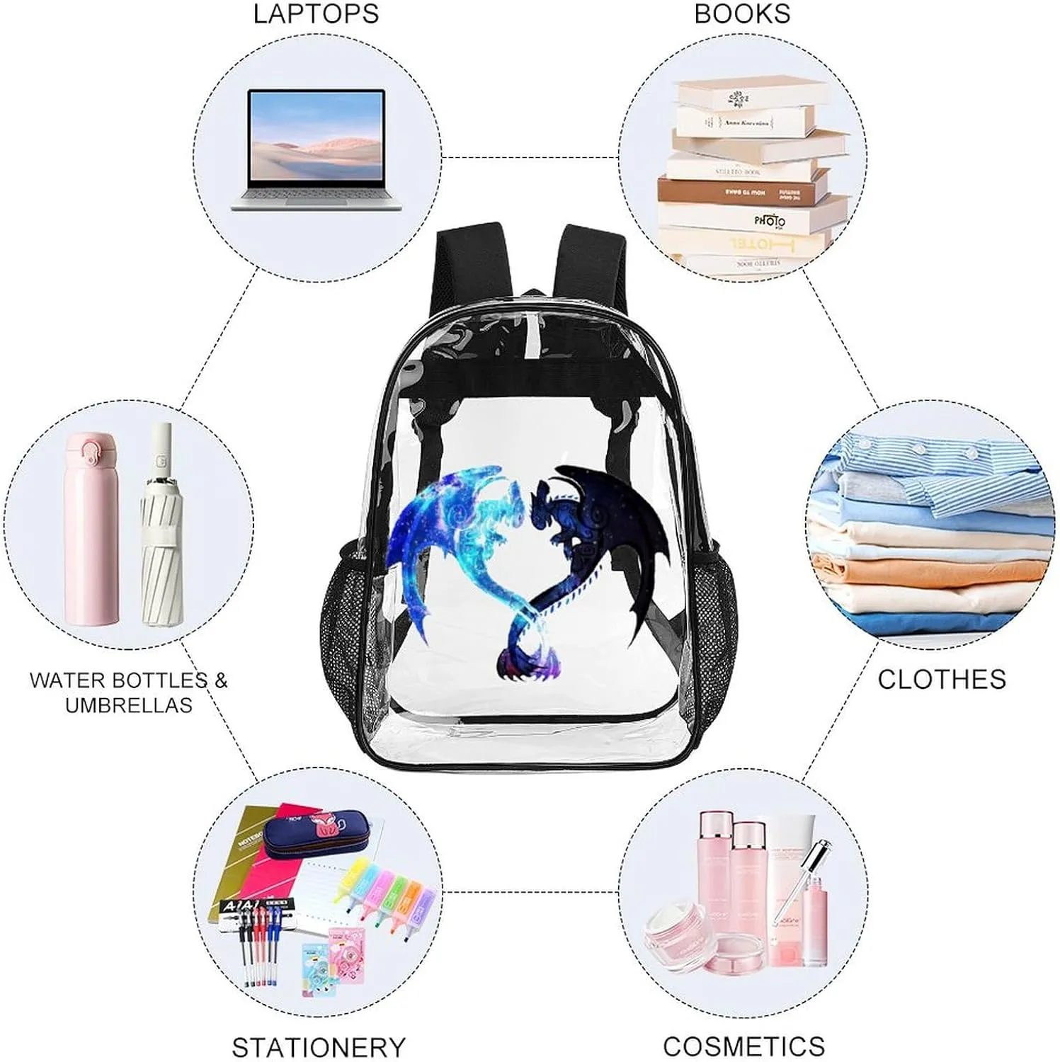 Clear Backpack Heavy Duty PVC Transparent Cartoon Dragon Backpack 17" Large Capacity See Through Bag for Work