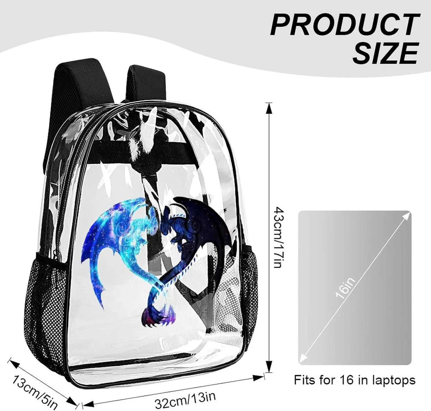 Clear Backpack Heavy Duty PVC Transparent Cartoon Dragon Backpack 17" Large Capacity See Through Bag for Work