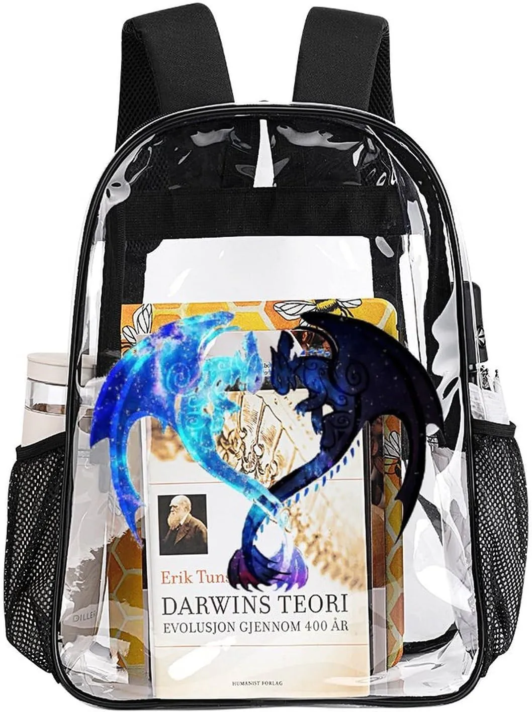 Clear Backpack Heavy Duty PVC Transparent Cartoon Dragon Backpack 17" Large Capacity See Through Bag for Work