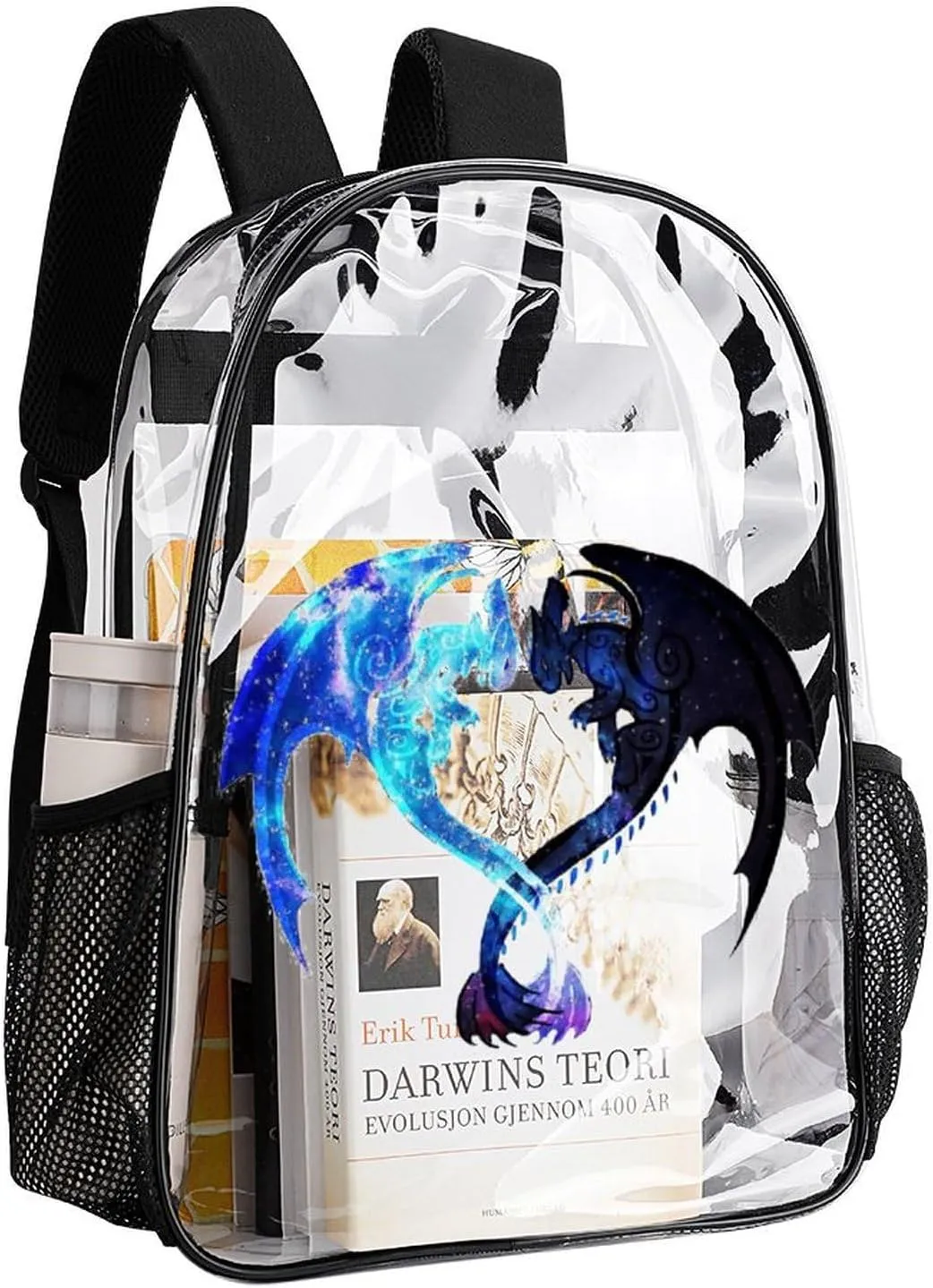 Clear Backpack Heavy Duty PVC Transparent Cartoon Dragon Backpack 17" Large Capacity See Through Bag for Work
