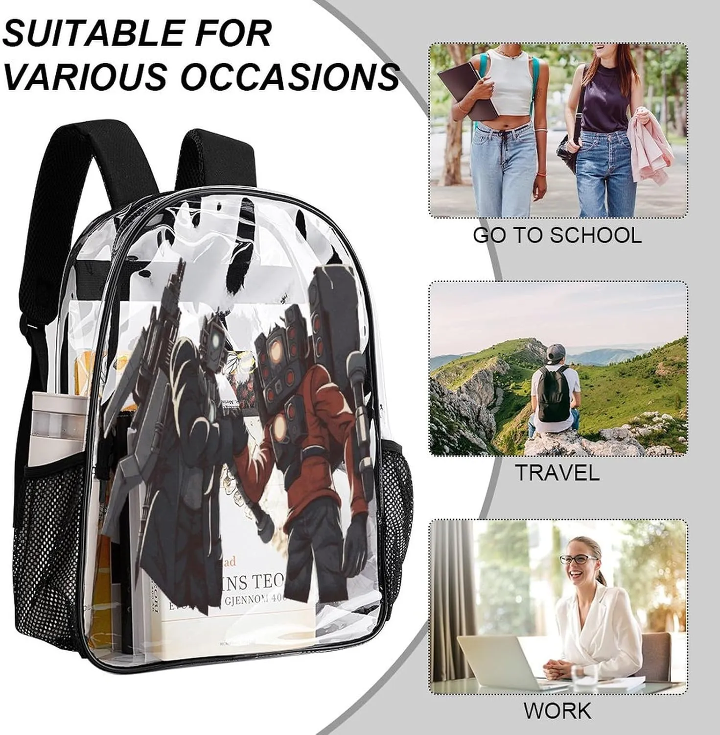 Clear Backpack Heavy Duty PVC Transparent Funny Toi-let Backpack 17"" Large Capacity See Through Bag for Travel, 43x32x13cm, Style-5