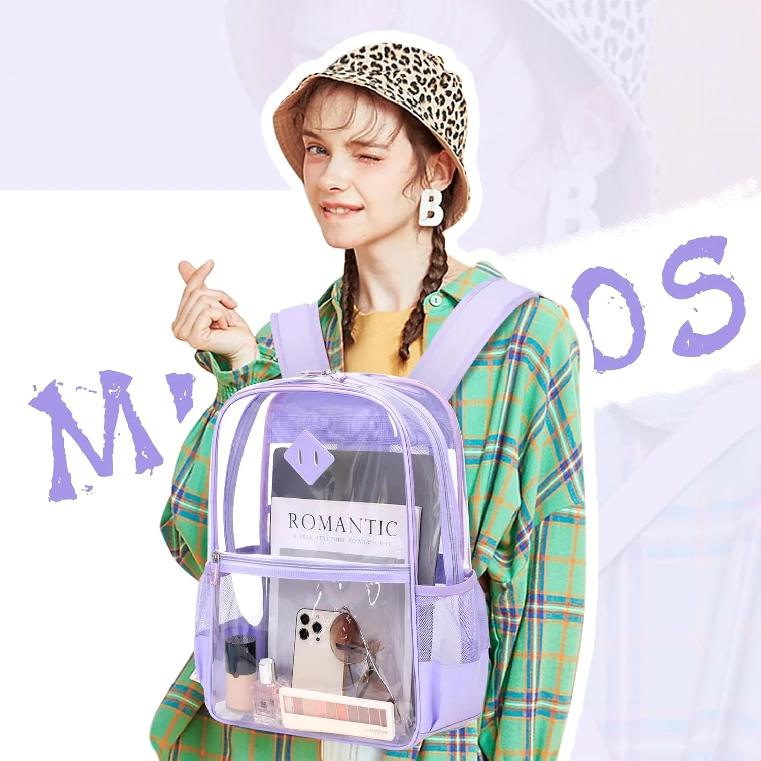 Clear Backpack, Heavy Duty See Through Backpacks for Travel, Work, Security, Concerts, College Transparent PVC bookbags Stadium Approved, Purple